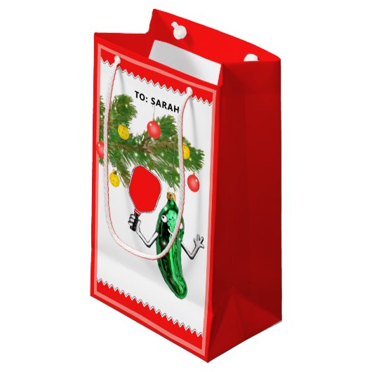 ピックルパーソナライズされたボールクリスマスホリデー スモールペーパーバッグ (正面アングル)