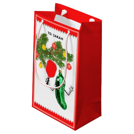 ピックルパーソナライズされたボールクリスマスホリデー スモールペーパーバッグ (裏面アングル)
