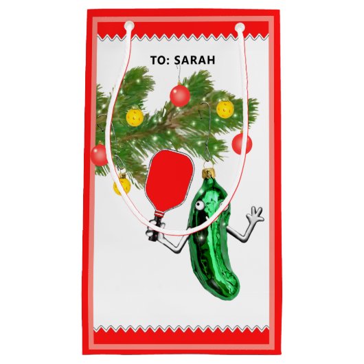 ピックルパーソナライズされたボールクリスマスホリデー スモールペーパーバッグ (正面)