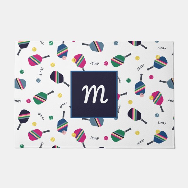 ピックルパーソナライズされたボールモノグラムブルーグリーンピンク ドアマット (正面)