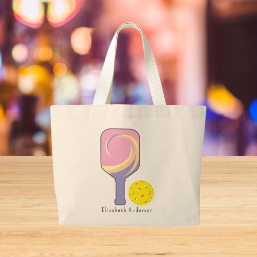 ピックルパーソナライズされたボール名パドルストライプのラージ ラージトートバッグ