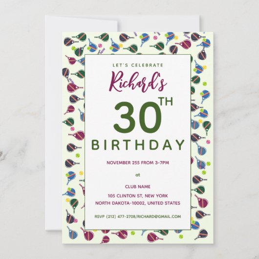 ピックルボールパターン スタイル カラフル ピックルボール バースデー 招待状 (正面)