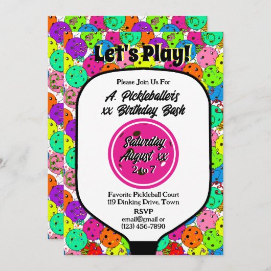 ピックルボールパーティー風船のマゼンタ色の写真 招待状 (正面/裏面)