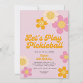 ピックルボールパーティー グルービー レトロ ピンク オレンジ 花 招待状 (正面)
