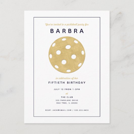 ピックルボールパーティー シック ゴールド ブラック パーティー招待状 ポストカード (正面)