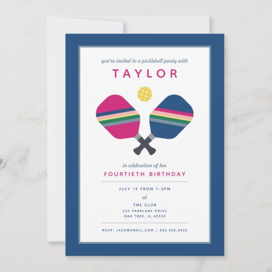 ピックルボールパーティー スポーツ 青 緑 ピンク 誕生日招待状 招待状 (正面)