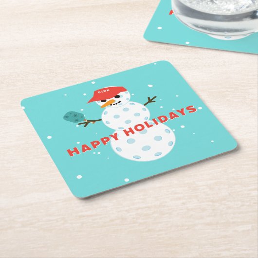 ピックルボールホリデーパーティーユーモアのある雪だるま スクエアペーパーコースター (アングル)