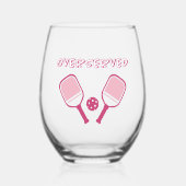 ピックルボール中毒 キュートなスポーツジョーク ピンクの女の子 ステムなしワイングラス (正面)