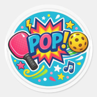 “ピックルボール POP! 円形ステッカー – 鮮やかなコミック調 ラウンドシール