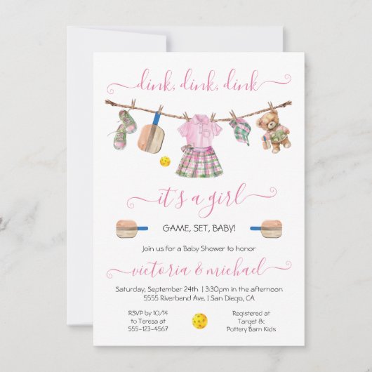 ピックル名門私立校風のボールパーティーディンク女の子ベビーシャワー 招待状 (正面)