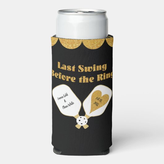ピックル結婚ボールの黒と金ゴールドパーソナライズされた スリム缶クーラー (Seltzer正面)