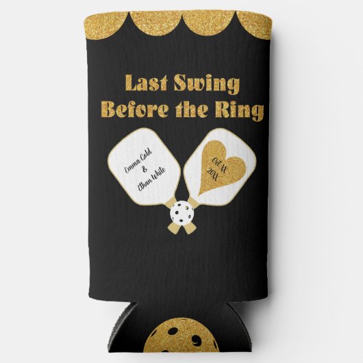 ピックル結婚ボールの黒と金ゴールドパーソナライズされた スリム缶クーラー (正面)