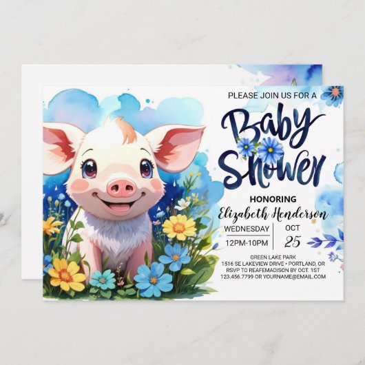 ピッグズカントリーファームチャームブルーベビーシャワー 招待状 (正面/裏面)