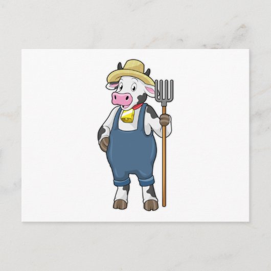 ピッチフォークを持った農夫としての牛 ポストカード (正面)