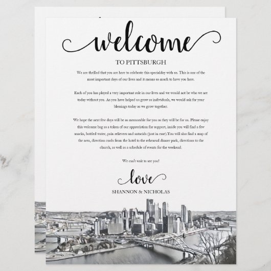 ピッツバーグ結婚の週末のウェルカムの日程 (正面/裏面)