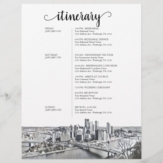 ピッツバーグ結婚の週末のウェルカムの日程 (裏面)