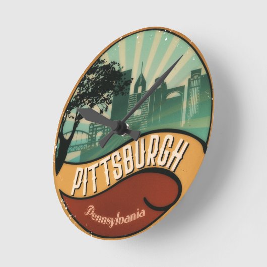 ピッツバーグ都市スカイラインのレトロのヴィンテージの柱時計 ラウンド壁時計 (傾斜)
