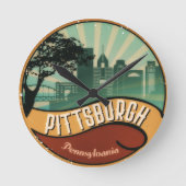 ピッツバーグ都市スカイラインのレトロのヴィンテージの柱時計 ラウンド壁時計 (正面)