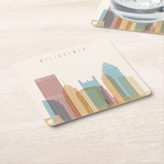 ピッツバーグ、ペンシルバニア|都市スカイライン スクエアペーパーコースター (アングル)