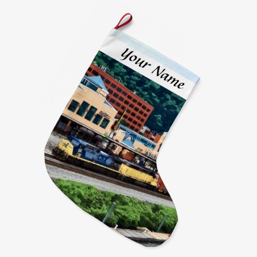 ピッツバーグPA -場所の正方形によって行く列車 ラージクリスマスストッキング (正面 (吊り時))