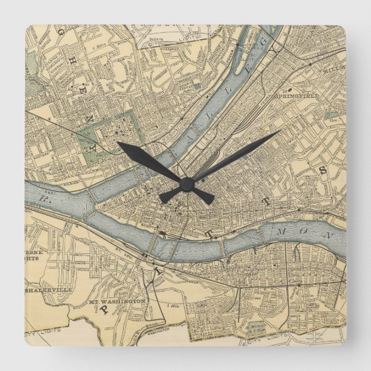 ピッツバーグPA (1891年)のヴィンテージの地図 スクエア壁時計 (正面)
