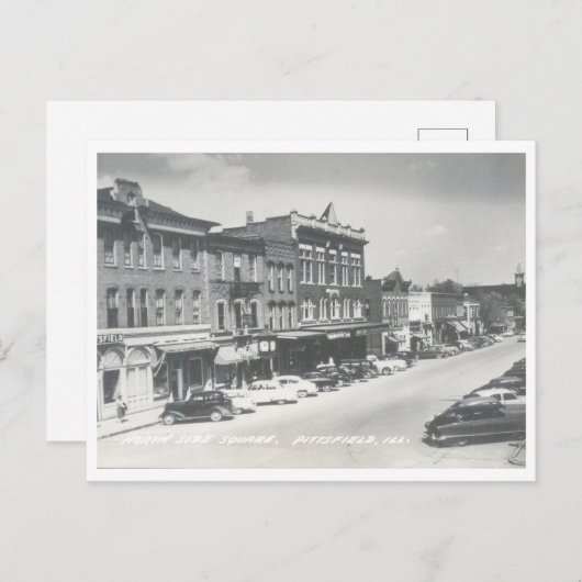ピッツフィールドイリノイヴィンテージダウンタウンスクエア ポストカード (正面/裏面)