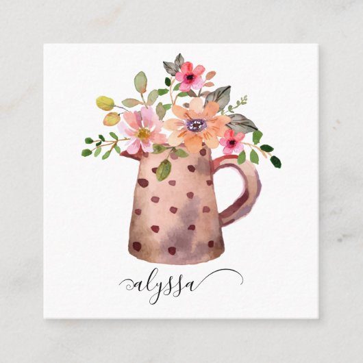 ピッティ素朴ーピーチ&マウブウォーターカラーフローラ スクエア名刺 (正面)