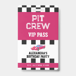 ピットクルー誕生日パーティーのピンクレースカーVIPパス バッジ