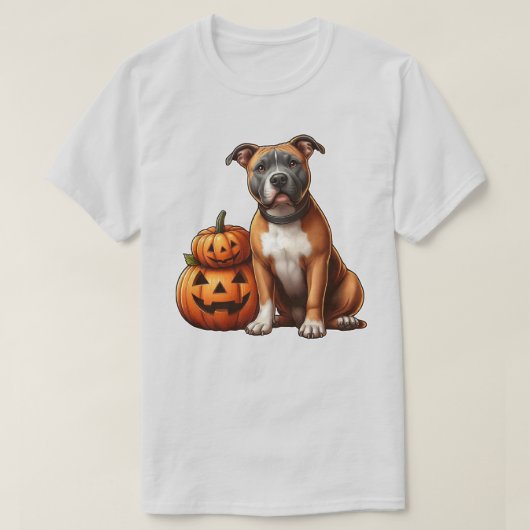ピットブルとハロウィーンカボチャ Tシャツ (デザイン正面)