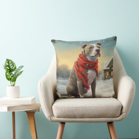 ピットブルの犬が雪のクリスマス クッション (椅子)