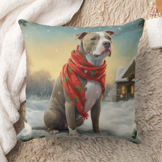ピットブルの犬が雪のクリスマス クッション (ブランケット)