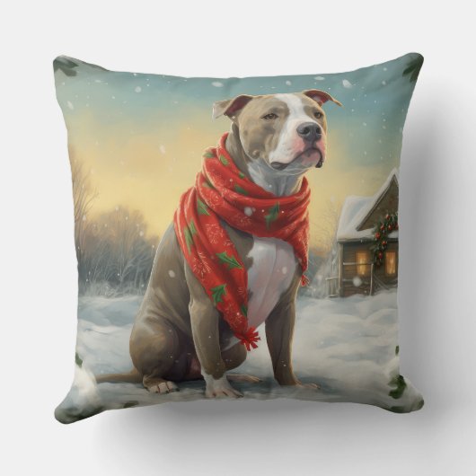 ピットブルの犬が雪のクリスマス クッション (裏面)