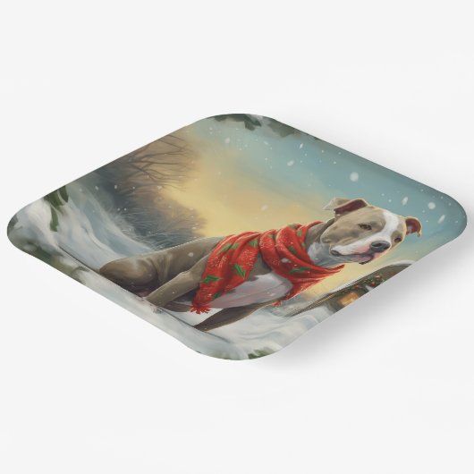 ピットブルの犬が雪のクリスマス ペーパープレート (傾斜あり)