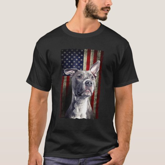 ピットブルアメリカ国旗USA愛国犬 Tシャツ (正面)