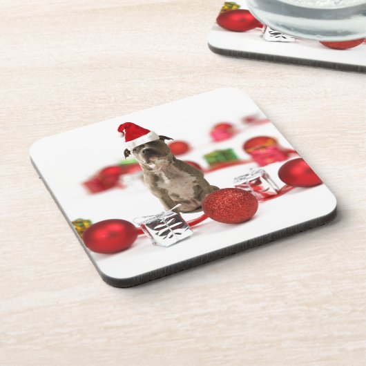 ピットブルドッグとギフトボックスとクリスマスオーナメント コースター (左側)