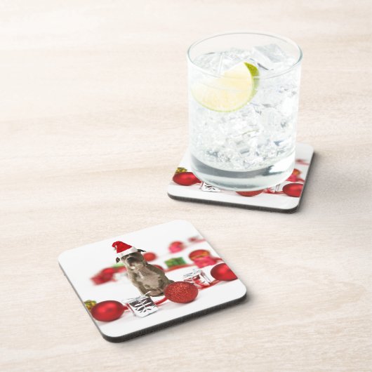 ピットブルドッグとギフトボックスとクリスマスオーナメント コースター (右側)