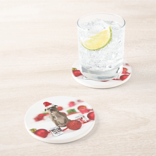 ピットブルドッグとギフトボックスとクリスマスオーナメント コースター (側面)