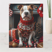 ピットブルドッグとクリスマスプレゼント暖炉 カード (正面)