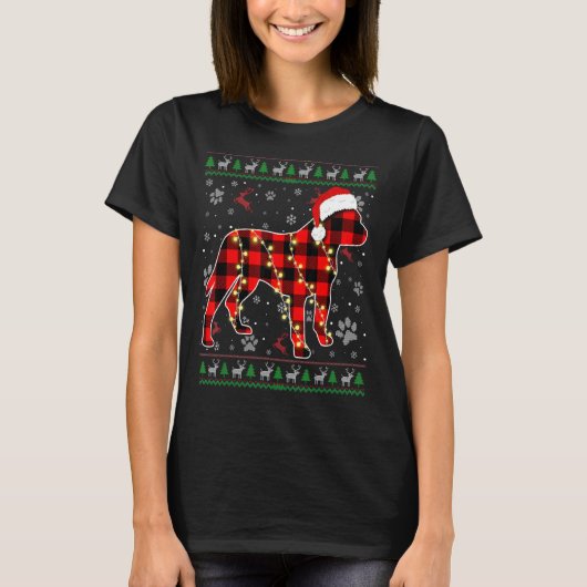 ピットブルドッグクリスマスサンタハット醜いクリスマスセーター Tシャツ (正面)