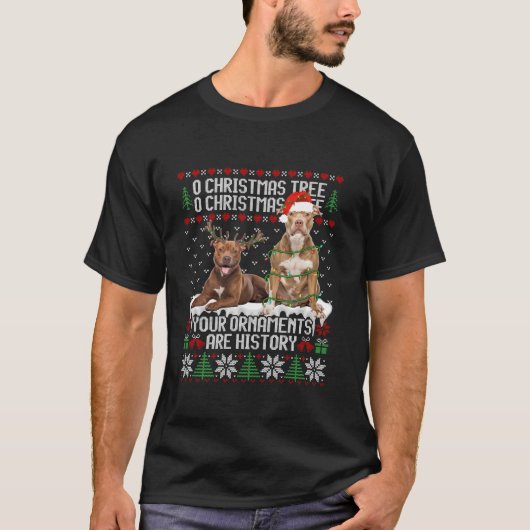 ピットブルドッグクリスマスツリーライトパピードッグ恋人 Tシャツ (正面)