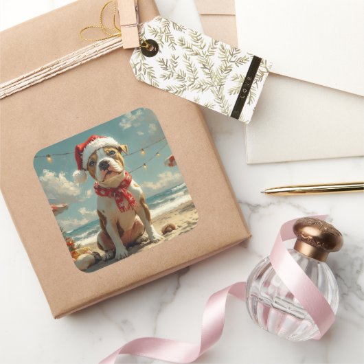 ピットブルドッグクリスマスヴィンテージビーチ スクエアシール (ギフト)