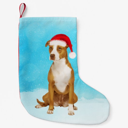 ピットブルドッグ雪のクリスマスハットに座る スモールクリスマスストッキング (正面)