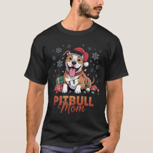ピットブルママのクリスマスサンタ帽子ピットブル犬ママ Tシャツ