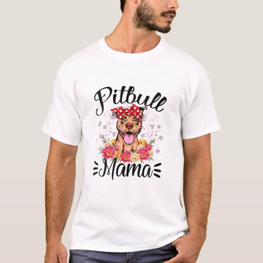 ピットブルママ花模様かわいい犬ママ母の日 Tシャツ (正面)