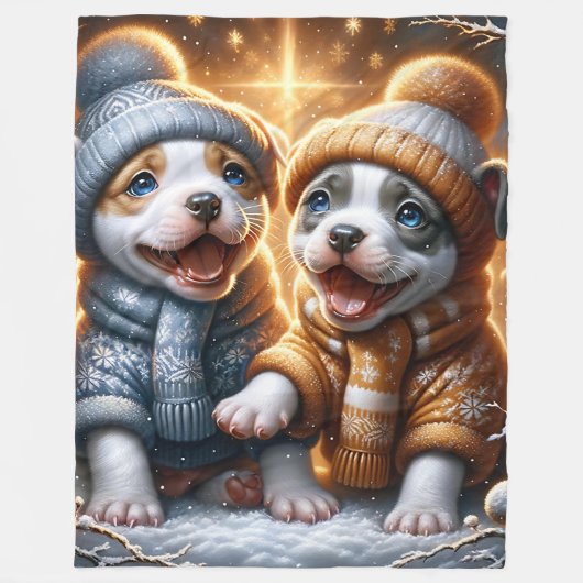 ピットブル子犬の初雪» フリースブランケット (正面)