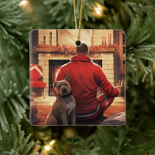 ピットブル消防士クリスマスギフト愛犬家 セラミックオーナメント (ツリー)