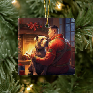 ピットブル消防士クリスマスギフト愛犬家 セラミックオーナメント