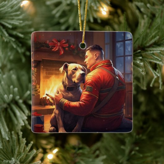 ピットブル消防士クリスマスギフト愛犬家 セラミックオーナメント (ツリー)