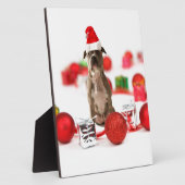 ピットブル犬とプレゼントボックスとクリスマスオーナメント フォトプラーク (側面)