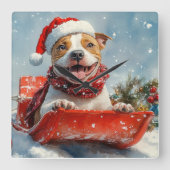 ピットブル犬のそり「Let it Snow クリスマス」 スクエア壁時計 (正面)